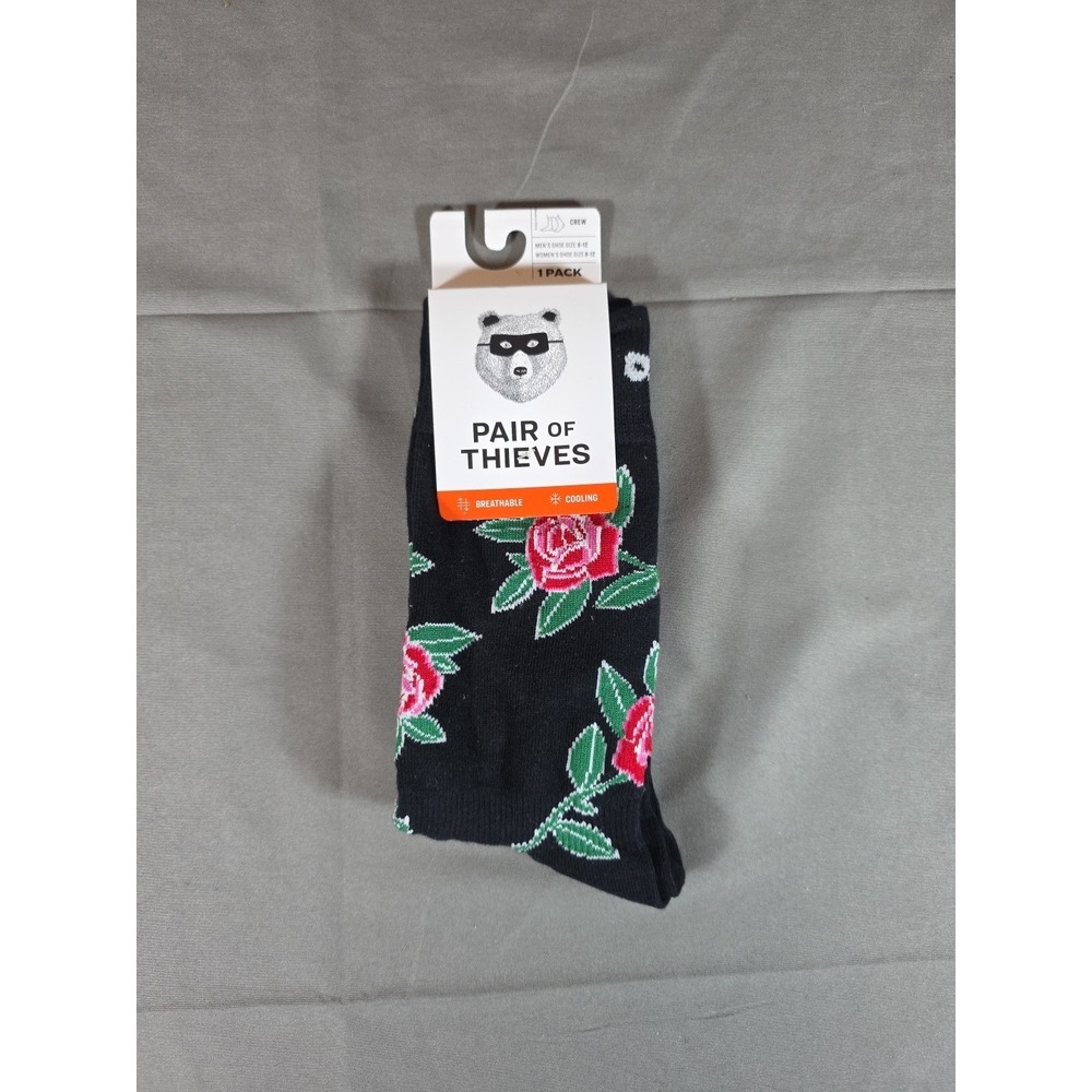Pair of Thieves Crew Socks Black Rose Floral Cooling Breathable 1 Pair NWT.